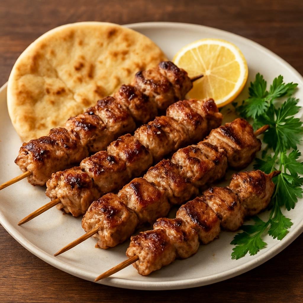 Entree: Cyprus – Souvlakia (Grilled marinated meat skewers traditionally made with pork, served with pita, lemon and fresh herbs) recipe