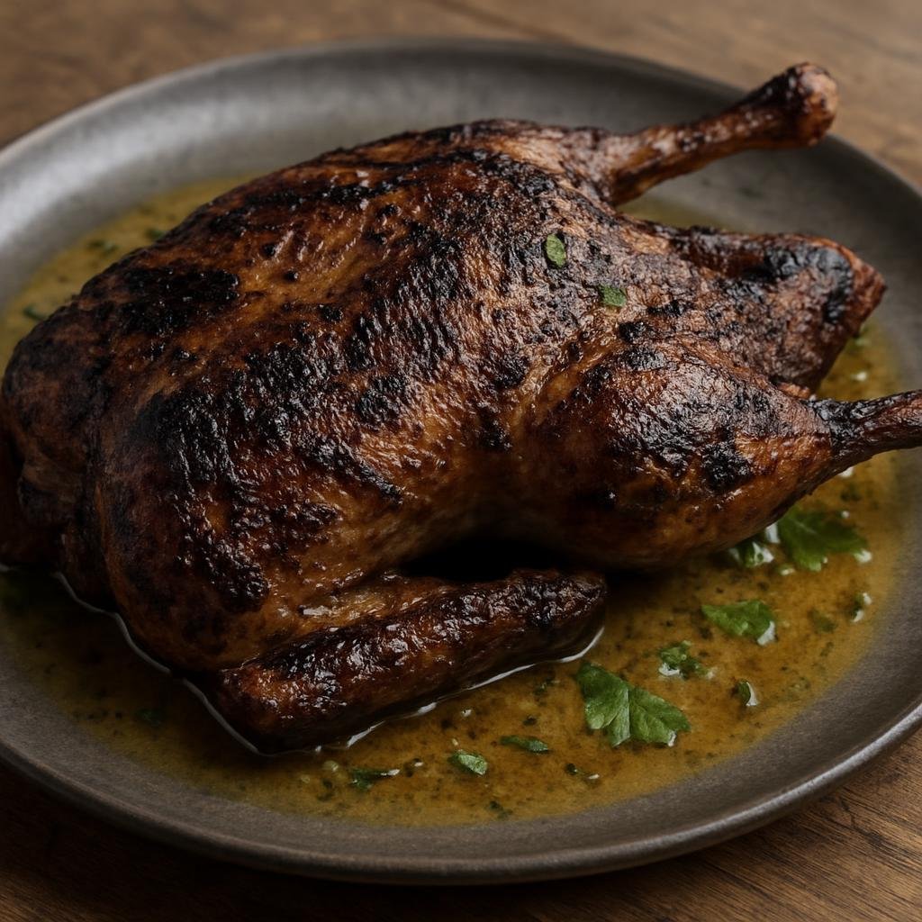 Entree: Falkland Islands (Malvinas) – Grilled Kelp Goose (Simply seasoned and charred kelp goose meat grilled over open flame, often finished with a buttery kelp pan sauce) recipe