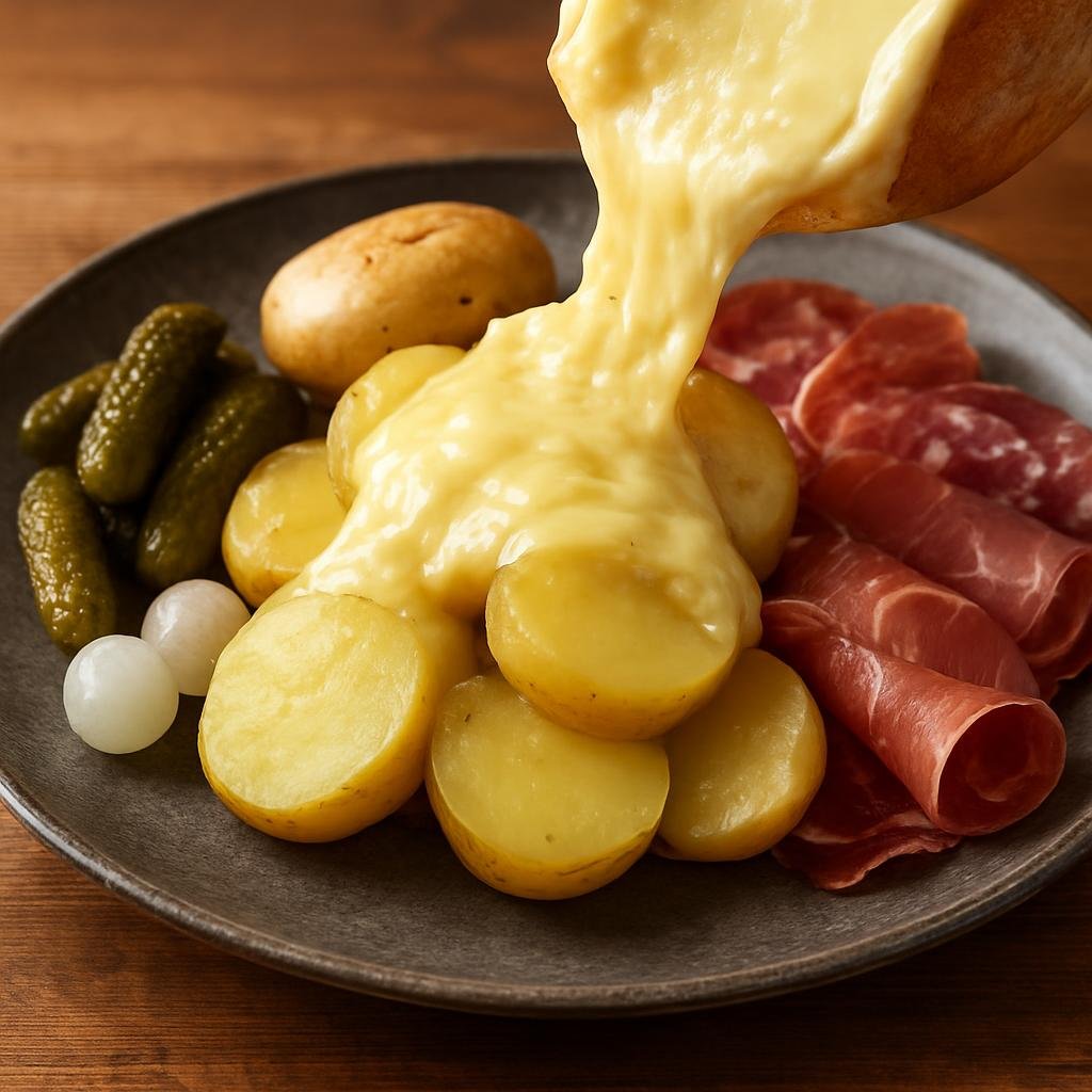 Entree: Italy – Aosta Valley – Raclette (Melted semi-hard Alpine cheese scraped over boiled potatoes and served with pickles and cured meats) recipe