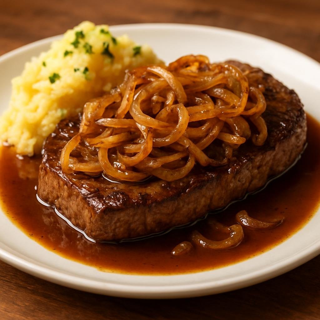 Entree: Germany – Bavaria – Zwiebelrostbraten (Pan-seared Bavarian roast beef topped with crispy caramelized onions and finished in a rich brown gravy) recipe