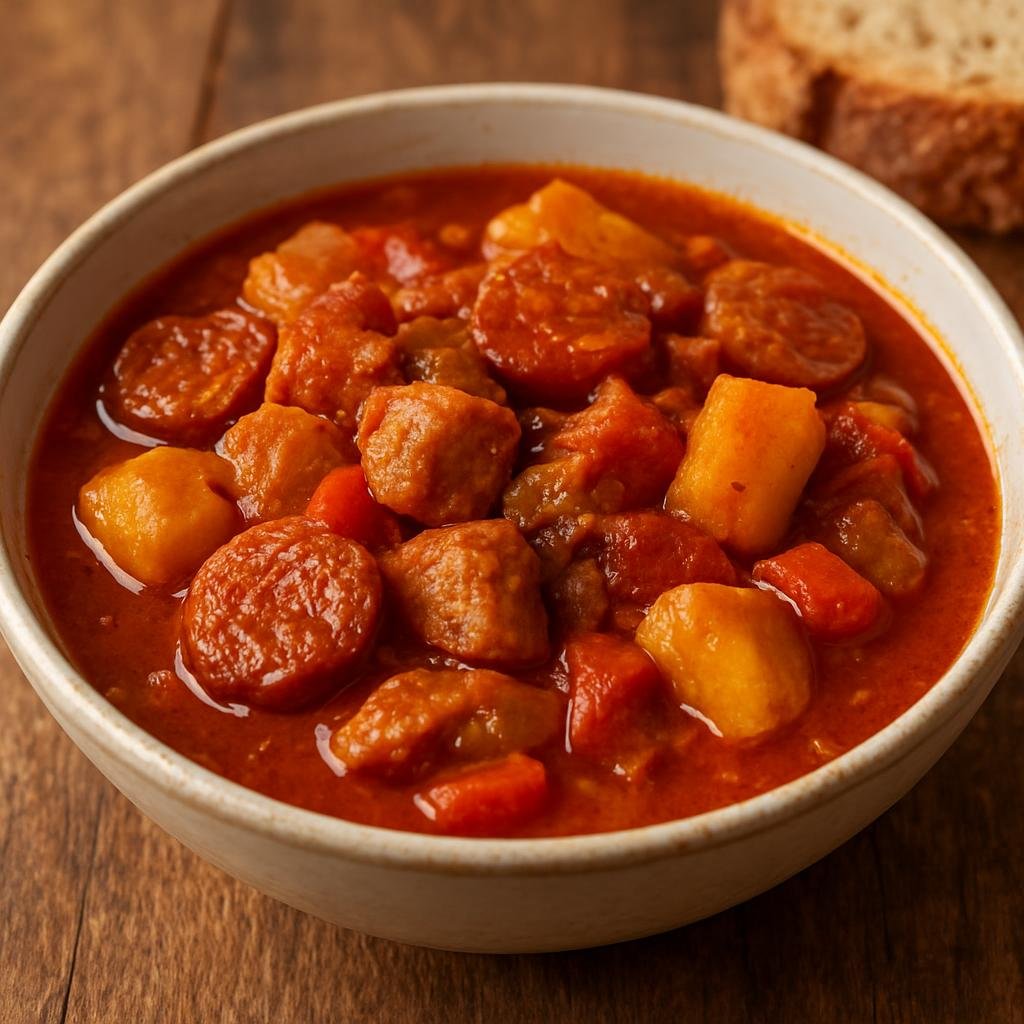 Entree: Spain – Aragon – Recao de Binéfar (Hearty Aragonese-style pork and chorizo stew from Binéfar, flavored with paprika and slow-simmered vegetables) recipe