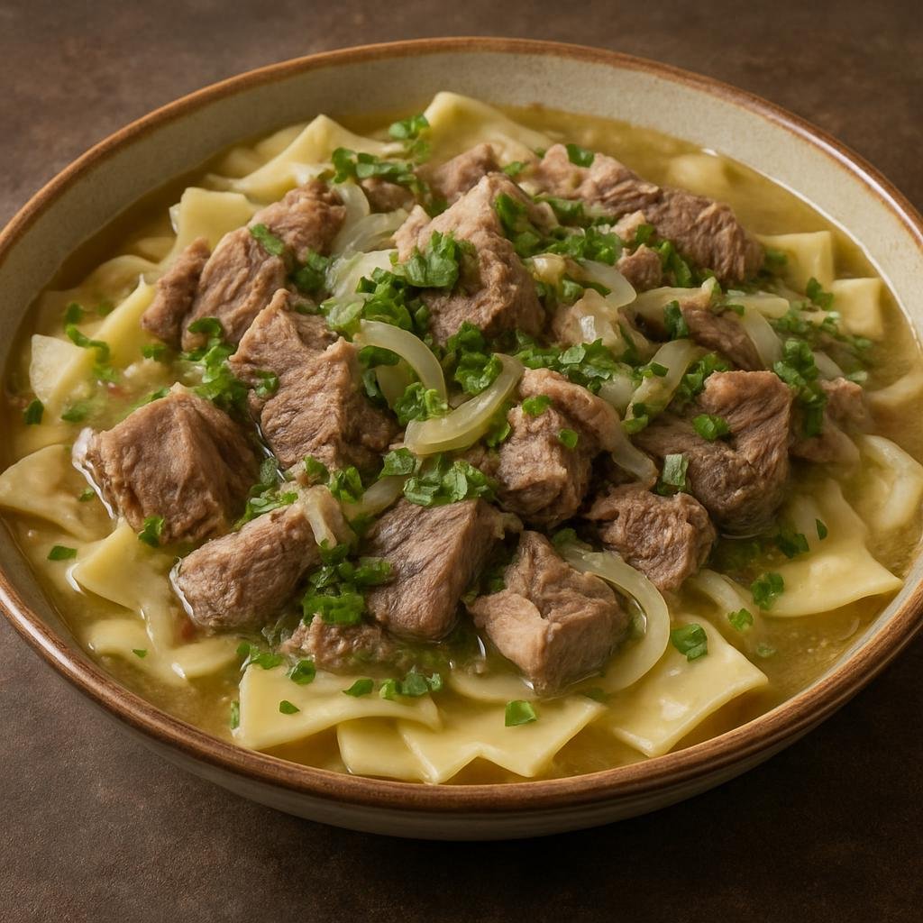 Entree: Kazakhstan – Southern Kazakhstan – Бешбармақ ➤ Beshbarmak (Boiled meat and wide flat noodles served with an onion broth and herbs) recipe