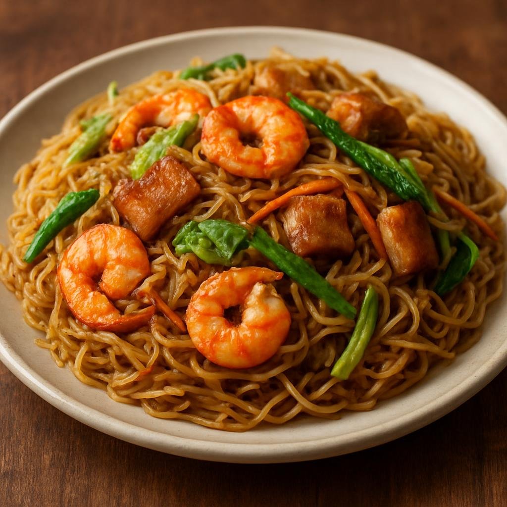 Entree: Philippines – Cebuano – Bam-i (Cebuano stir-fried noodle dish combining egg noodles and glass noodles with pork, shrimp, and vegetables) recipe