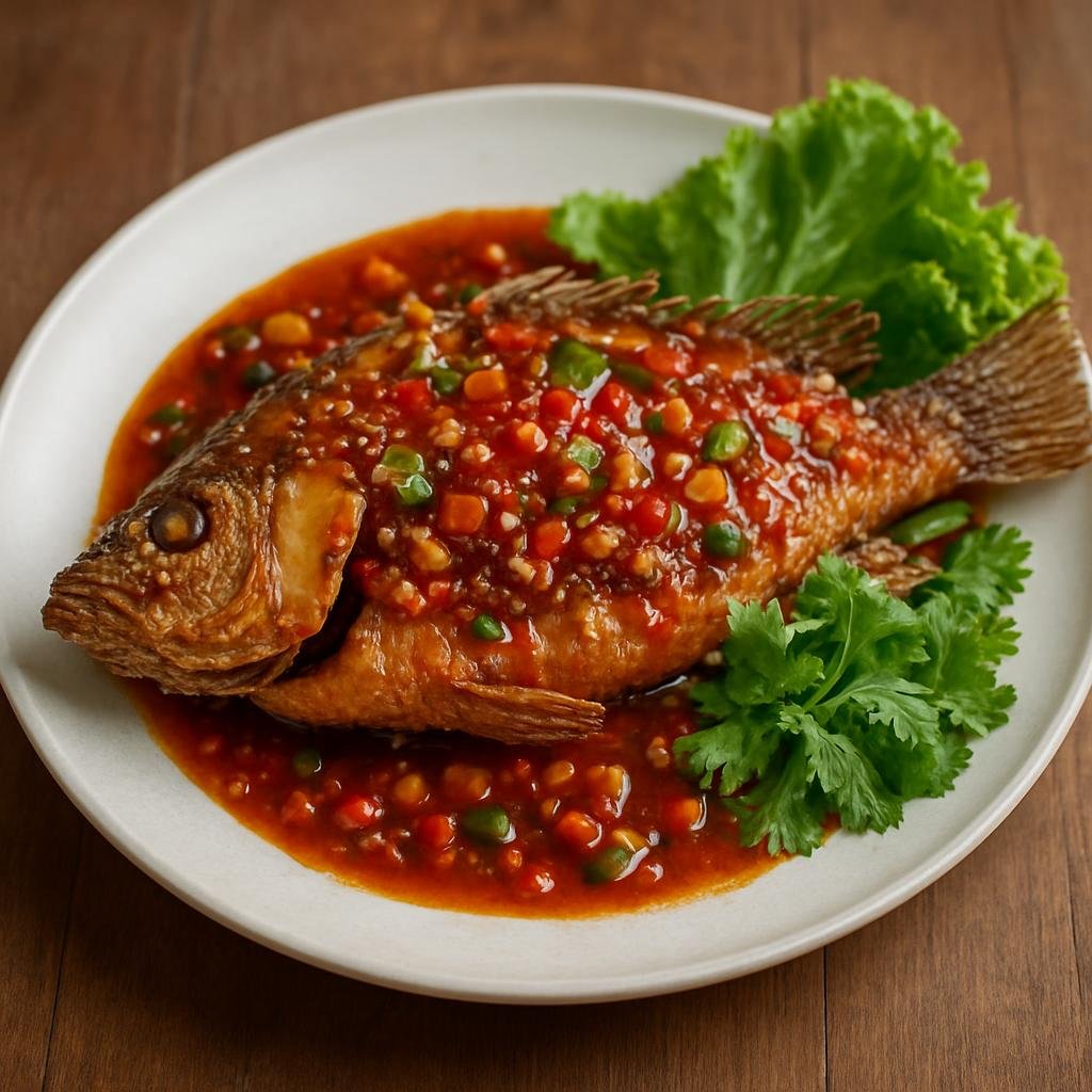 Entree: Thailand – Central Thailand – ปลาราดพริก ➤ Pla rad prik (Crispy whole fish topped with a sweet-spicy Thai chili sauce) recipe