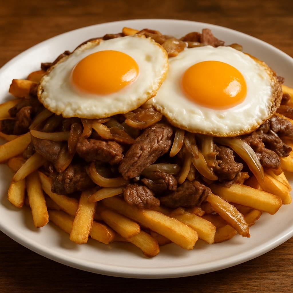 Entree: Chile – Central Culinary Region – Chorrillana (Hearty Chilean platter of French fries topped with sautéed sliced beef, onions, and fried eggs) recipe