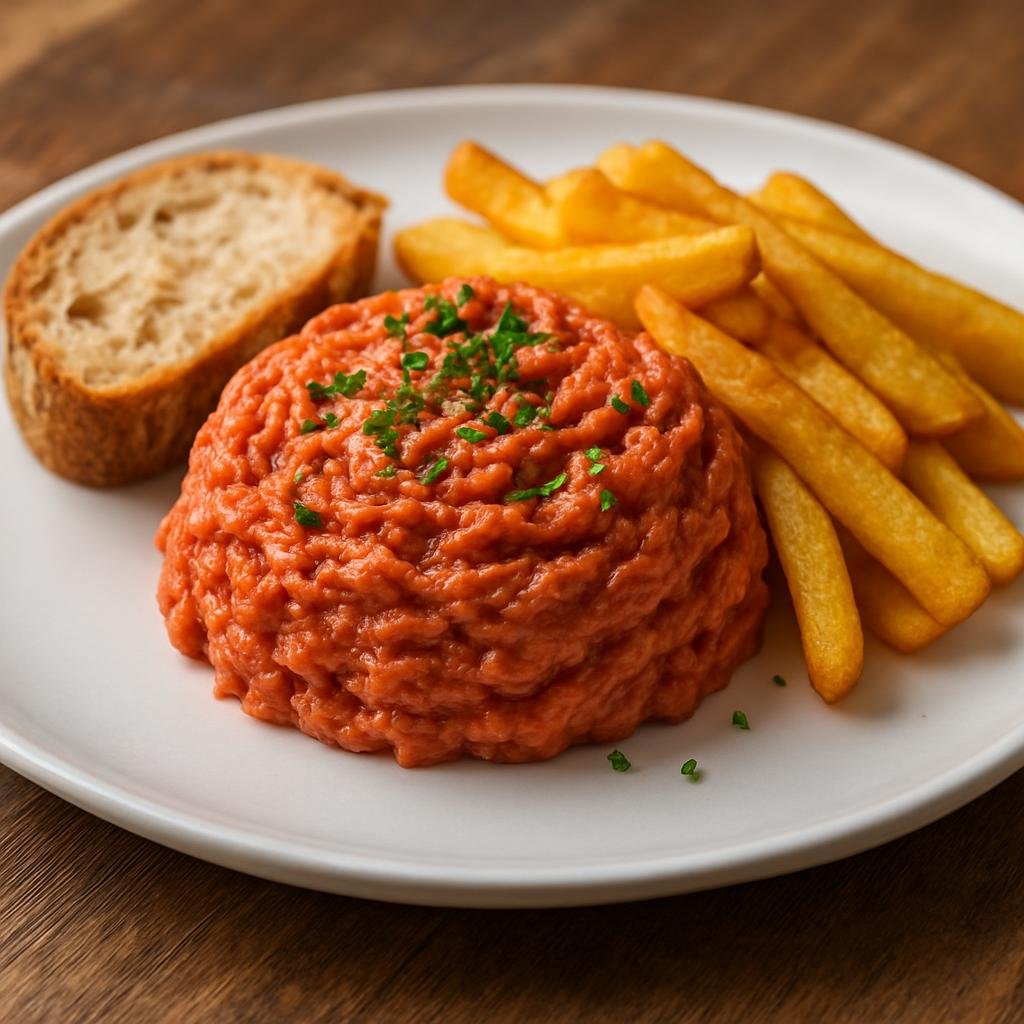Entree: Belgium – Brussels – Filet Américain (Seasoned raw minced beef spread often served on bread or with fries) recipe
