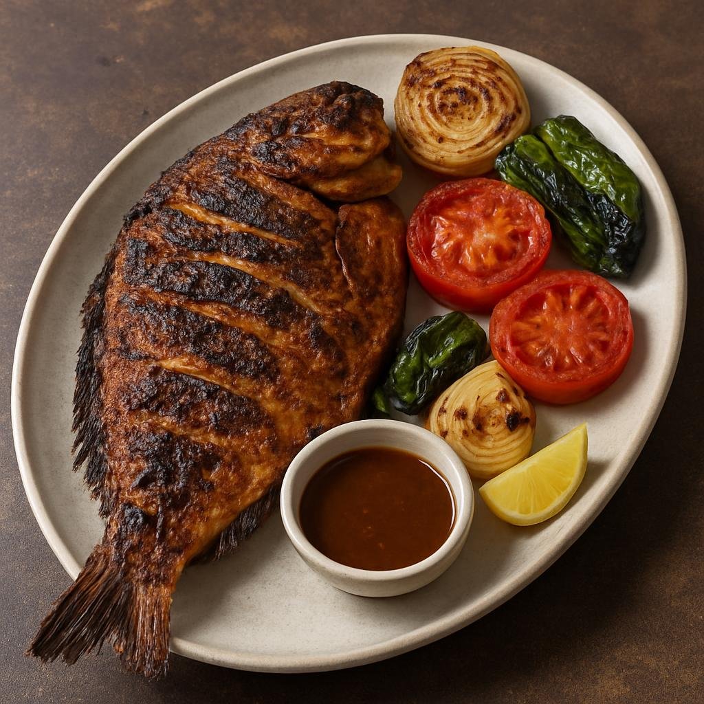 Entree: Iraq – Basra & South – سمك مسگوف ➤ Samak Masgūf (Open‑grilled Iraqi river carp seasoned and charred over date‑wood embers, served with grilled vegetables and tangy tamarind) recipe