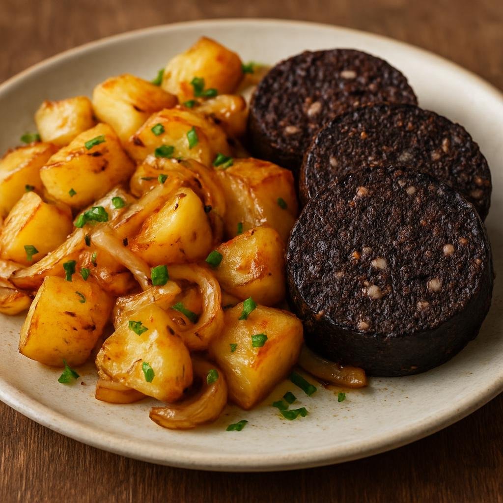 Entree: Ireland – Dublin & East – Black Pudding with Potatoes (Traditional Irish blood sausage pan‑fried and served with crisp sautéed potatoes and onions) recipe