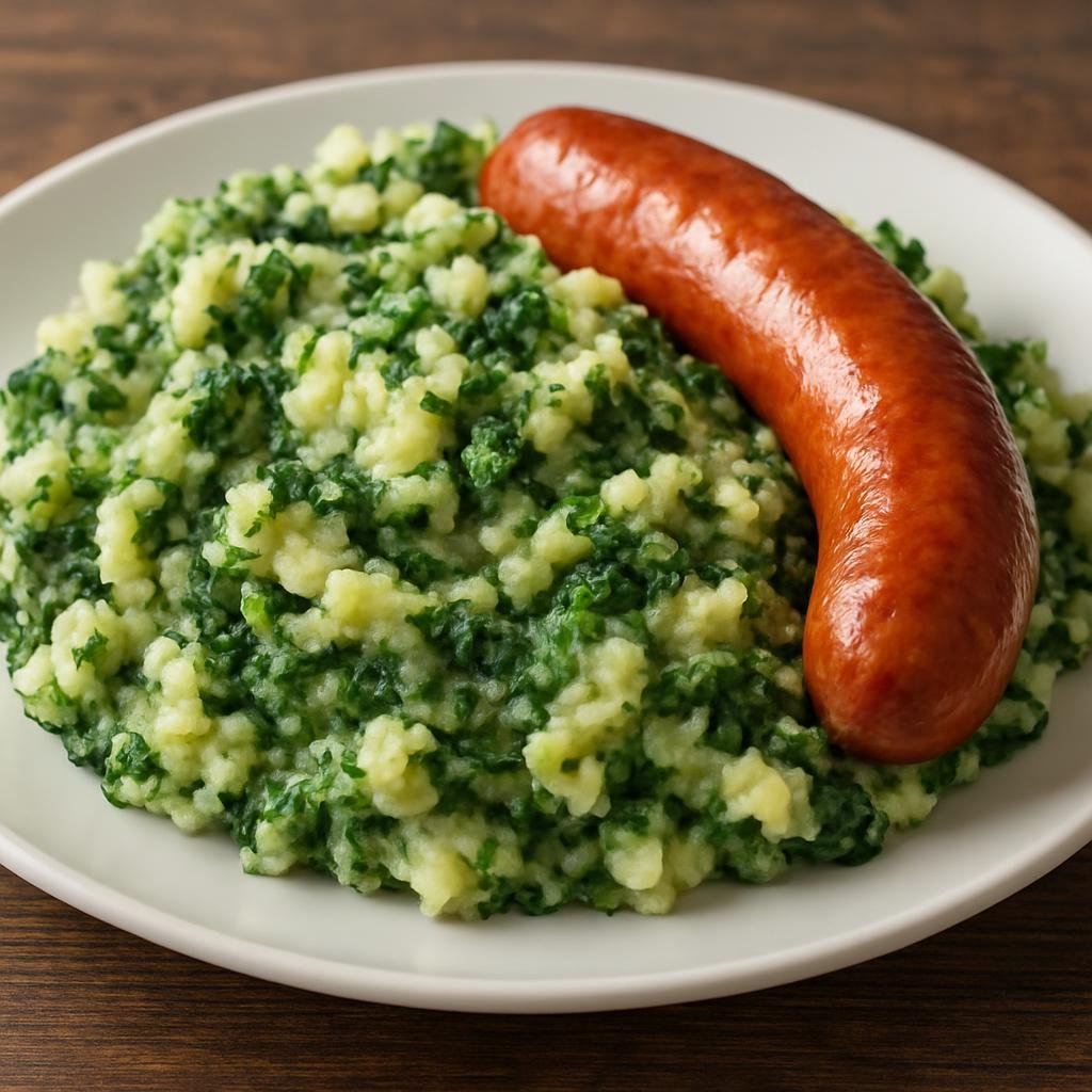 Entree: Netherlands – Friesland – Boerenkoolstamppot (Mashed potato and curly kale dish traditionally served with smoked sausage) recipe