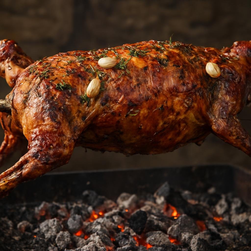 Entree: Romania – Dobrogea – Miel la Proțap (Young lamb roasted whole on a spit over coals with garlic and herbs) recipe