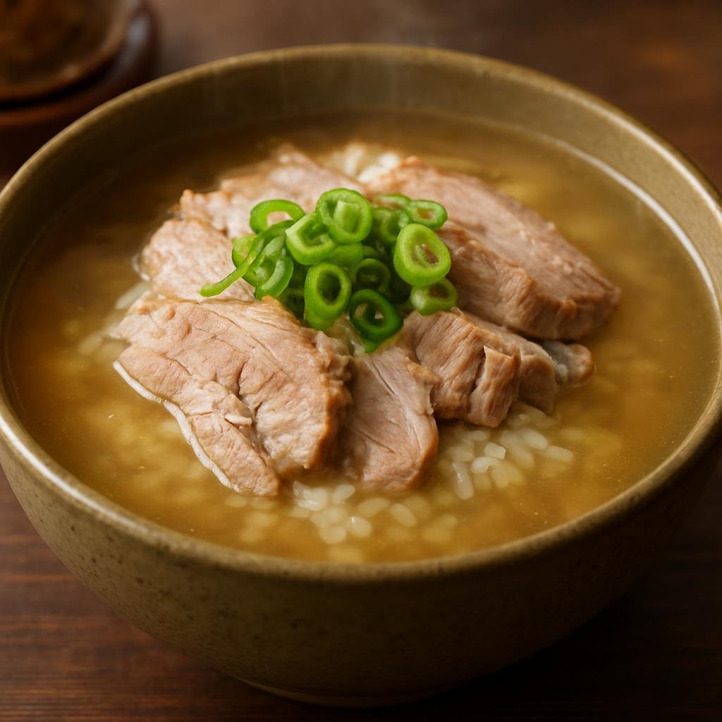 Entree: South Korea – Gyeongsang – 부산돼지국밥 ➤ Busan dwaeji gukbap (Hearty Busan pork-and-rice soup made with long-simmered pork bone broth, sliced pork, and steamed rice) recipe