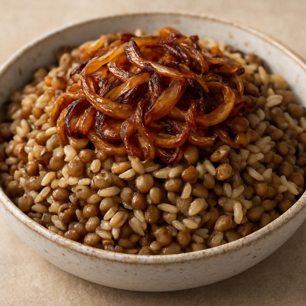 Entree: Syria – Coastal Syria – مجدرة ➤ Mujaddara (Lentils and rice cooked with deeply caramelized onions, a hearty one-pot Levantine meal) recipe
