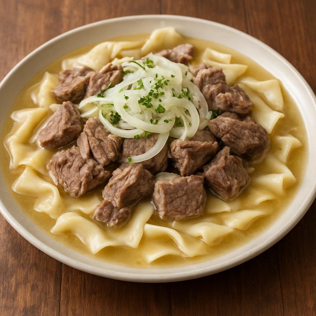 Entree: Uzbekistan – Fergana Valley – Beshbarmak (Boiled meat served over wide hand-cut noodles with onion broth) recipe