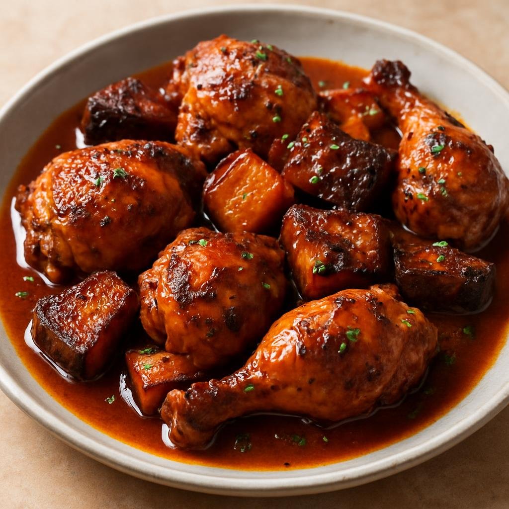 Entree: Antigua and Barbuda – National Cuisine – Antiguan Black Pineapple Chicken (Chicken braised with Antigua's black pineapple in a sweet-spicy Caribbean sauce) recipe