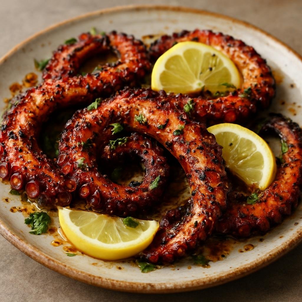 Entree: British Indian Ocean Territory – National Cuisine – Grilled Octopus (Tender, charred octopus tentacles simmered then grilled and finished with citrus, garlic, and local spices) recipe