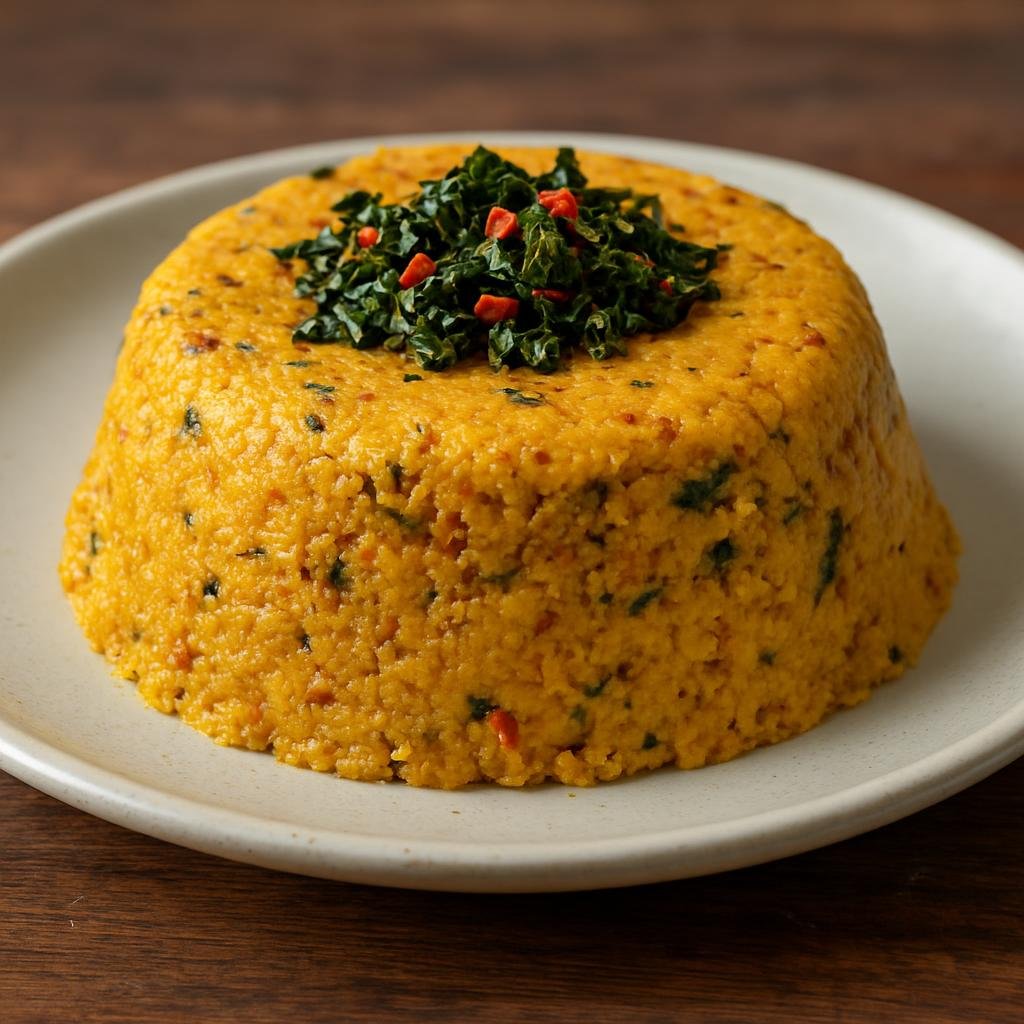 Entree: Cameroon – National Cuisine – Egusi Pudding (savory steamed melon-seed custard) recipe