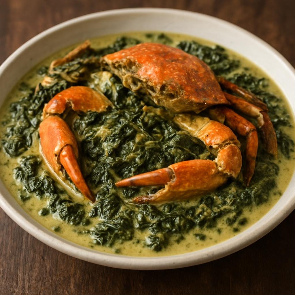 Entree: Dominica – National Cuisine – Crab and Callaloo (Stewed callaloo greens cooked with crab in coconut milk and aromatic seasonings) recipe