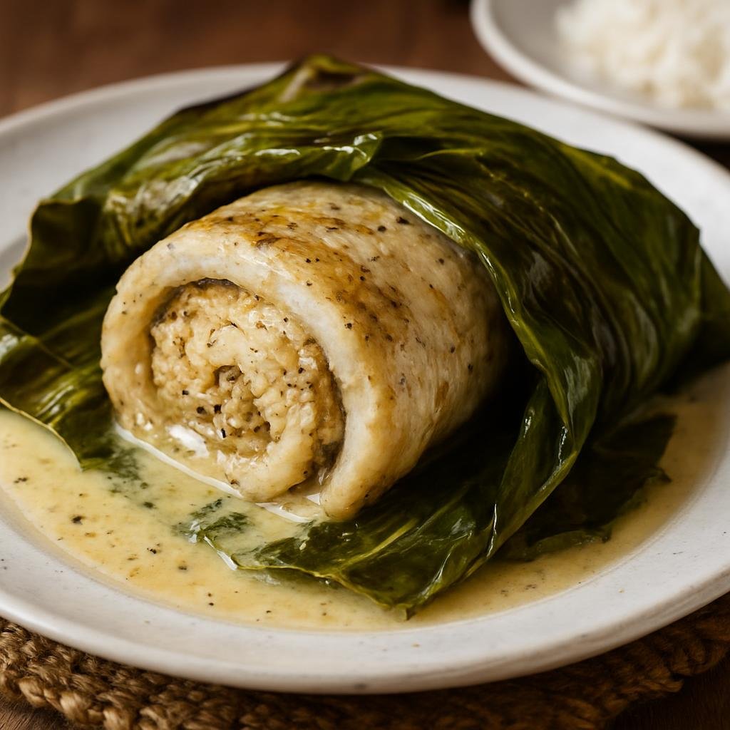 Entree: French Polynesia – National Cuisine – Roulade de Poisson (Rolled and stuffed fish fillet cooked in banana leaf with coconut and vanilla flavors) recipe