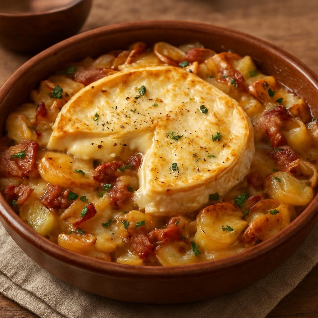 Entree: Switzerland – French Swiss – Tartiflette (Baked Alpine potato and Reblochon cheese gratin with onions and bacon) recipe
