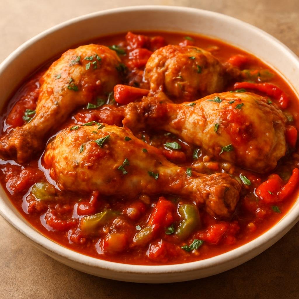 Entree: Guadeloupe – Northern Culinary Region – Poulet à la Créole (Guadeloupean Creole-style braised chicken in spicy tomato and pepper sauce) recipe