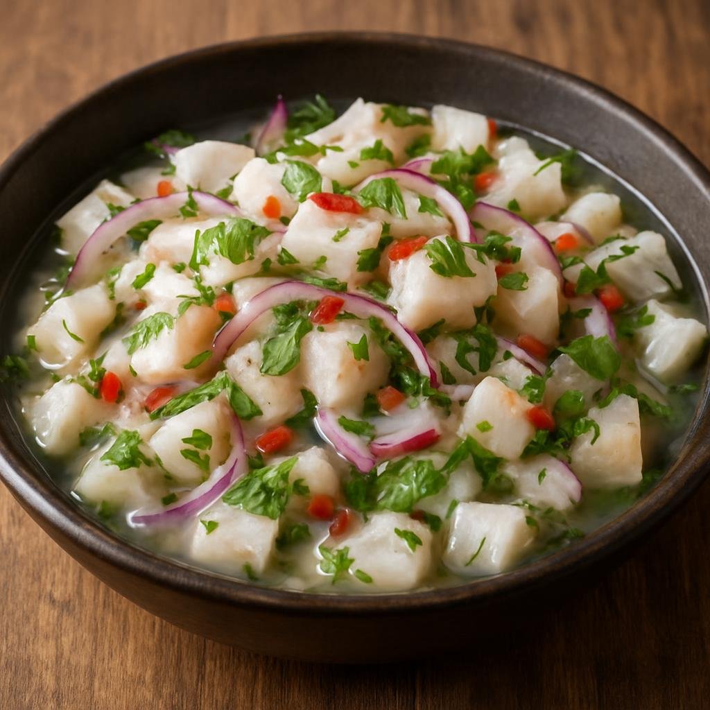 Entree: Honduras – Northern Culinary Region – Ceviche de Corvina (Raw corvina cured in citrus with aromatic herbs, onion, and hot pepper) recipe