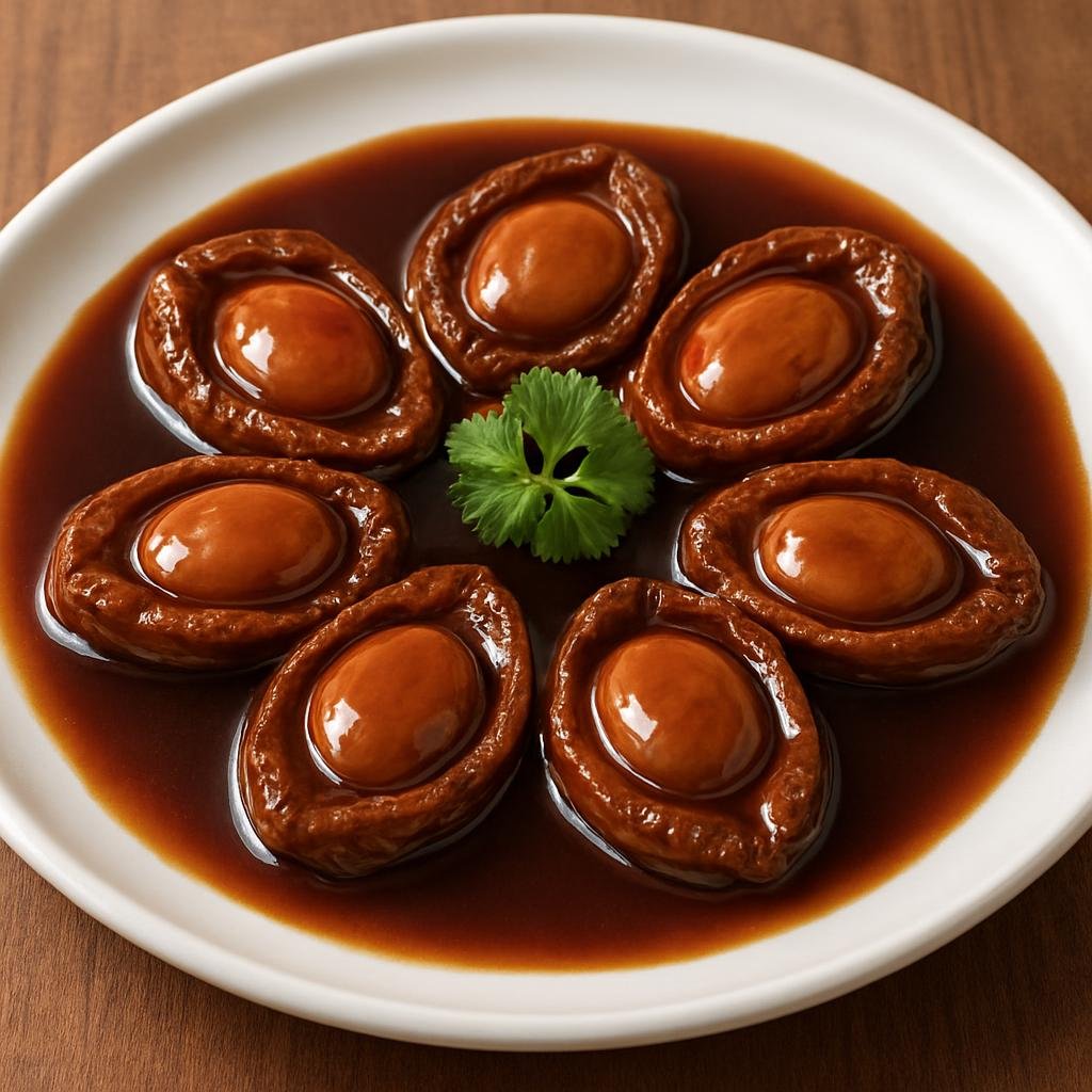 Entree: Hong Kong – Northern Culinary Region – 紅燒鮑魚 ➤ hung4 siu1 baau1 jyu4 (Whole abalones slowly braised in a savory, glossy oyster-soy sauce) recipe