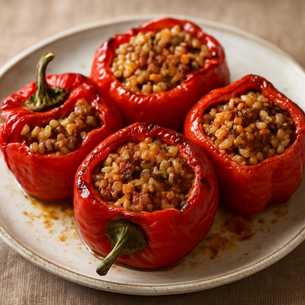 Entree: North Macedonia – Northern Culinary Region – Полнети пиперки ➤ Polneti piperki (Roasted bell peppers filled with a savory rice and spiced ground meat mixture) recipe