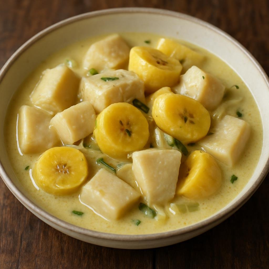 Entree: Papua New Guinea – Northern Culinary Region – Yam and Banana (A Pacific island casserole of starchy yam and cooking banana gently cooked with coconut milk and aromatics) recipe