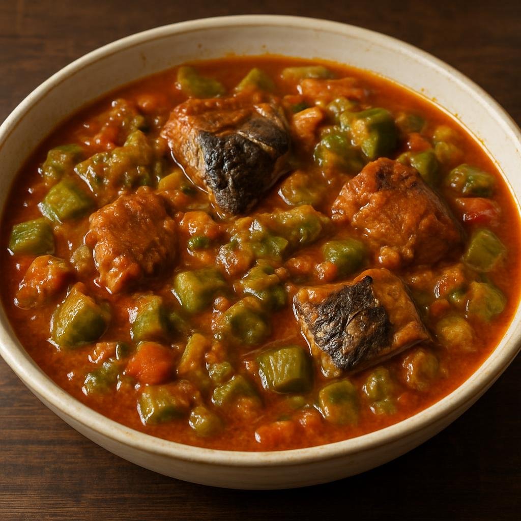 Entree: Sierra Leone – Northern Culinary Region – Okra Stew (Hearty okra and tomato-based stew simmered with palm oil and smoked fish or meat) recipe