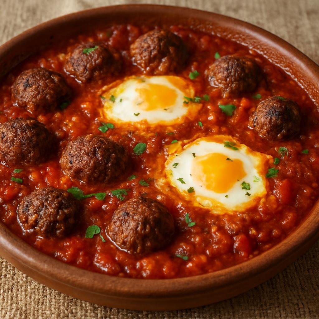 Entree: Western Sahara – Northern Culinary Region – Kefta Mkaouara (North African spiced meatball stew in a seasoned tomato sauce finished with baked eggs) recipe