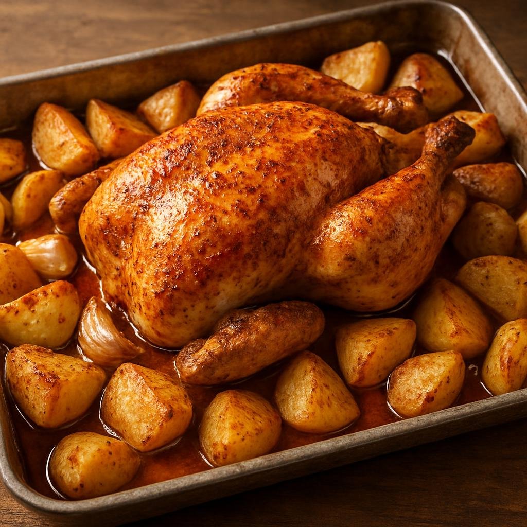Entree: Andorra – Central Culinary Region – Pollastre a la Llauna (Roast chicken cooked on a metal tray with garlic, paprika, olive oil, and roasted potatoes) recipe