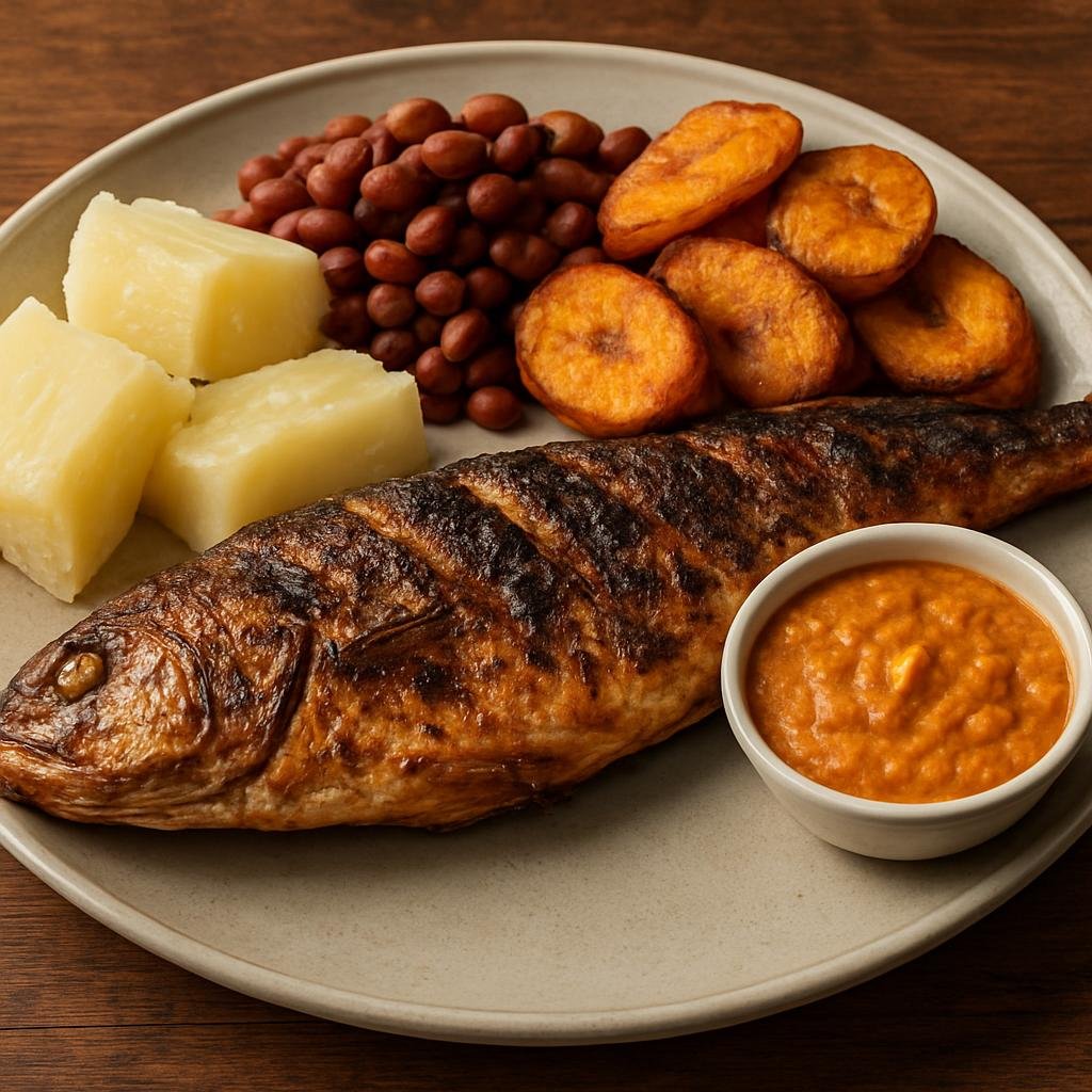 Entree: Angola – Central Culinary Region – Mufete (Traditional Angolan platter of charcoal-grilled whole fish served with boiled cassava, fried plantain, beans, and peanut-based sauce) recipe