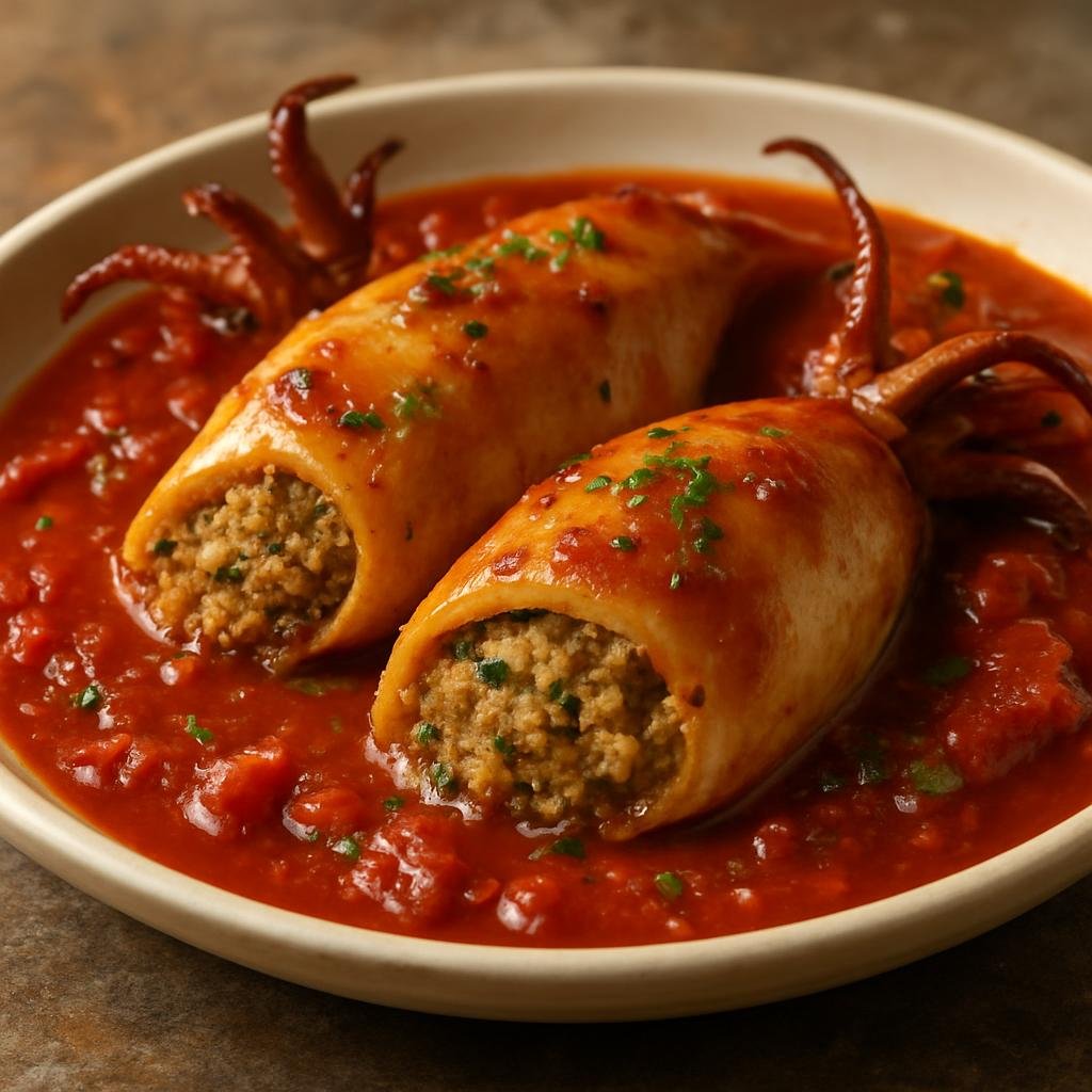 Entree: Falkland Islands (Malvinas) – Stuffed Squid (Whole squid stuffed with breadcrumb and herb filling, braised in tomato and wine sauce) recipe