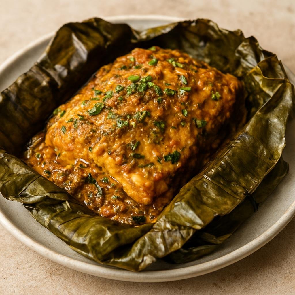 Entree: Gabon – Liboké de Poisson (Fish marinated with aromatics and cooked wrapped in banana leaves) recipe