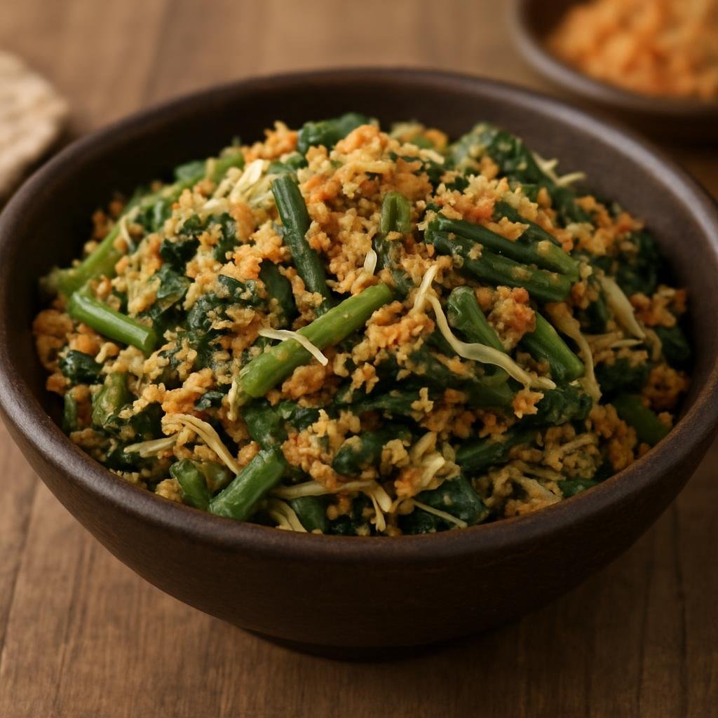 Entree: Indonesia – Bali – Jukut Urab (Balinese mixed steamed vegetables tossed with a spiced grated coconut dressing) recipe