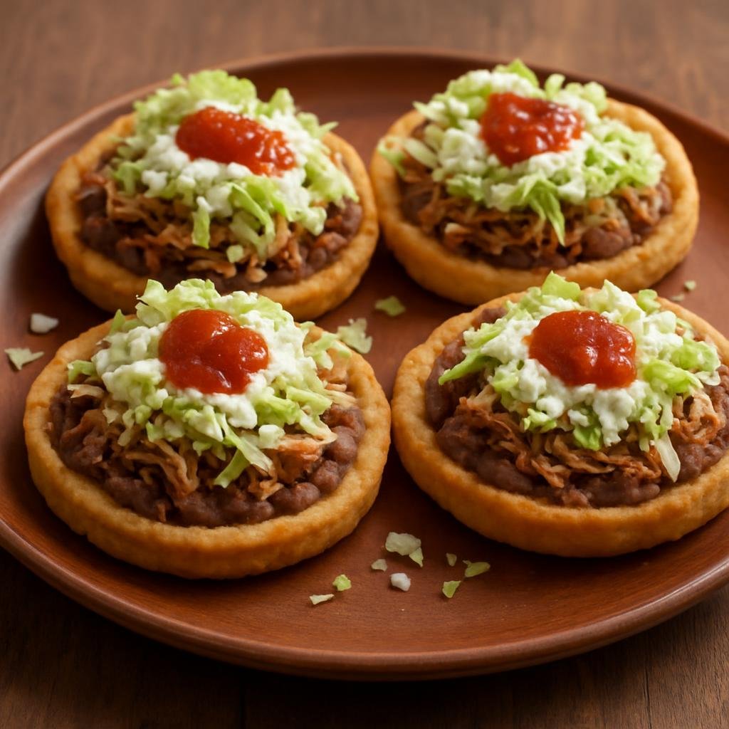 Entree: Mexico – Central Highlands – Sopes (Thick pinched masa rounds, fried and topped with beans, shredded meat, cheese, lettuce, crema, and salsa) recipe
