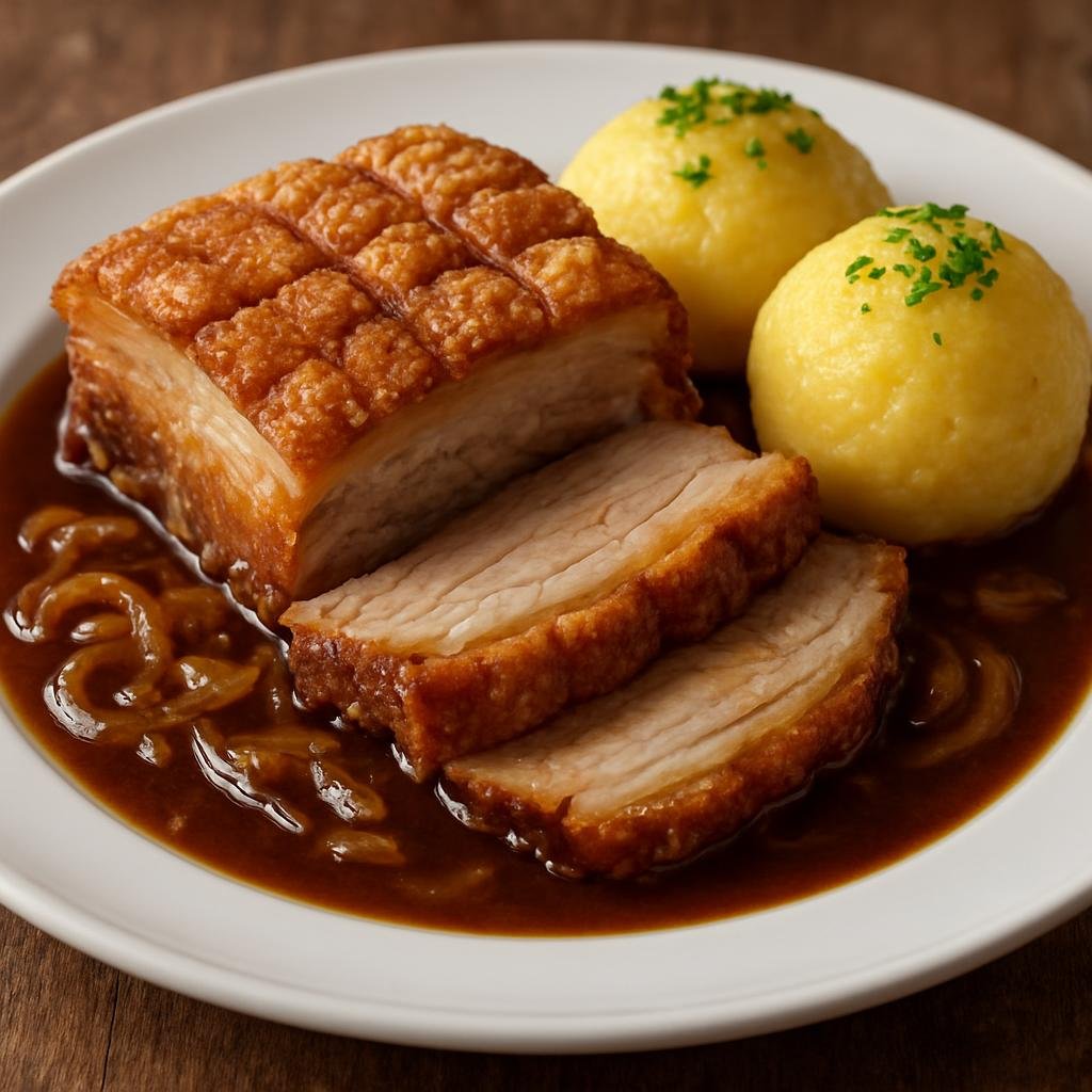 Entree: Germany – Bavaria – Bayerischer Schweinebraten (Classic Bavarian roast pork with crackling, served with a rich beer-and-onion gravy) recipe