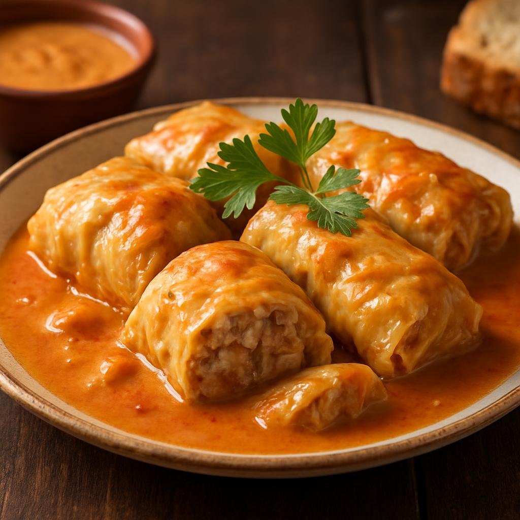 Entree: Russia – Bashkir & Ural Region – Уральские голубцы ➤ Uralskiye golubtsy (Ural-style cabbage rolls stuffed with seasoned meat and rice simmered in a tomato and sour cream sauce) recipe