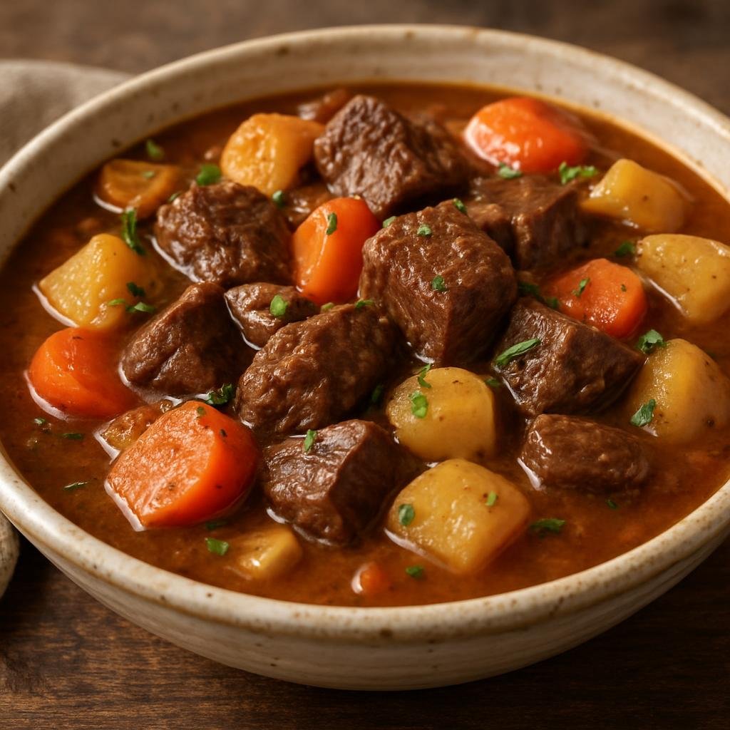 Entree: Canada – Atlantic Canada – Moose Stew (Hearty slow-simmered stew of moose meat with root vegetables and savory broth) recipe