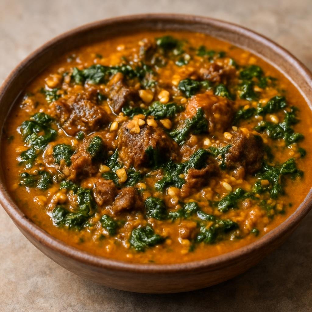 Entree: Nigeria – Fulani Pastoral – Miyan Taushe (Thick Hausa pumpkin and peanut stew with meat and leafy greens) recipe