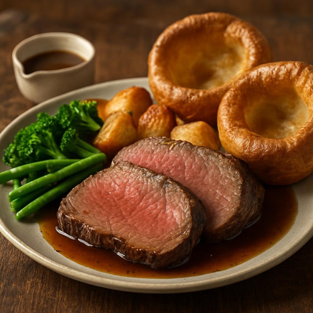 Entree: United Kingdom – British Pub Classics – Roast Beef and Yorkshire Pudding (Oven-roasted beef joint served with traditional baked batter puddings) recipe