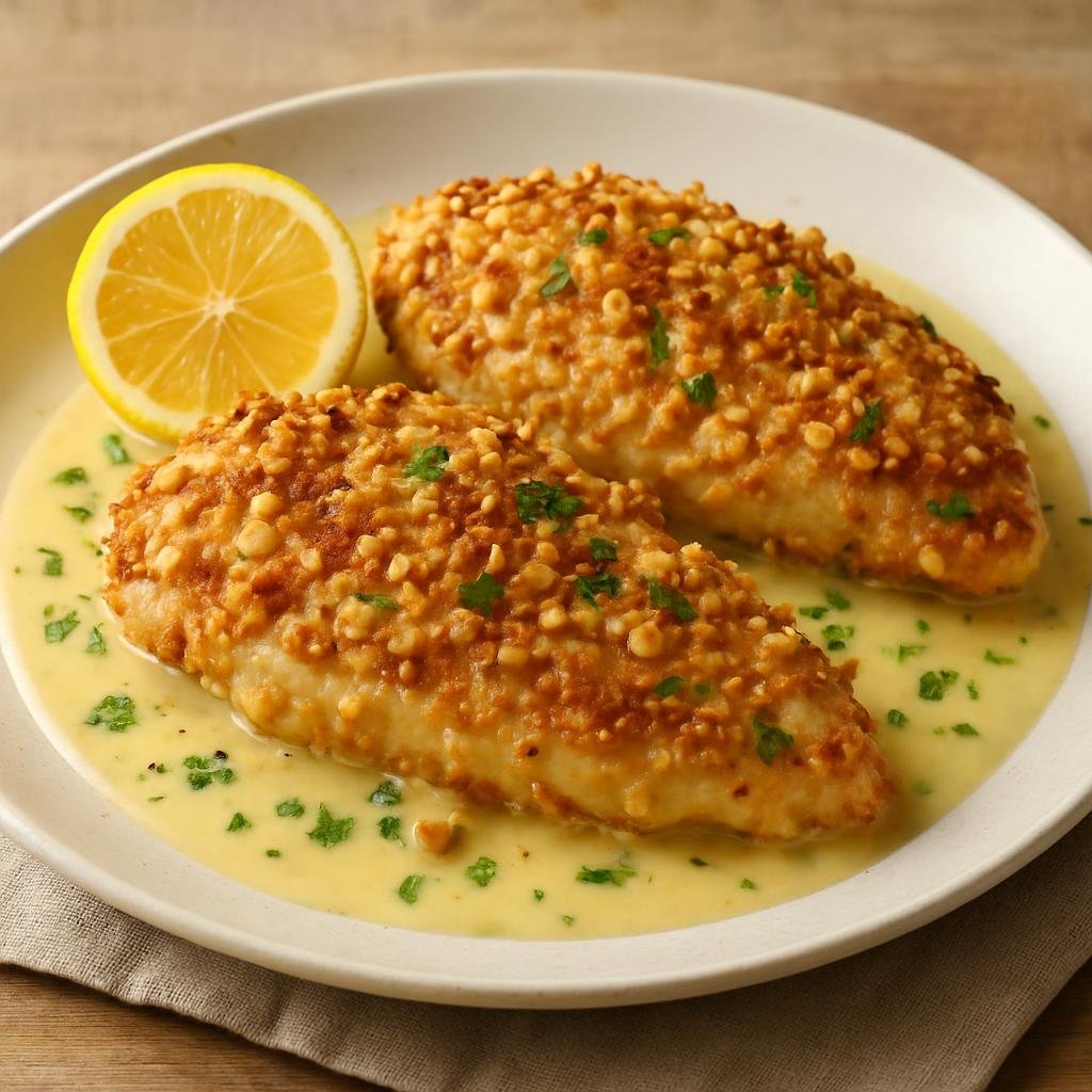Entree: Australia – Central Culinary Region – Macadamia-Crusted Chicken (Chicken breasts coated in crushed macadamias for a crunchy, buttery crust served with a bright lemon cream pan sauce) recipe