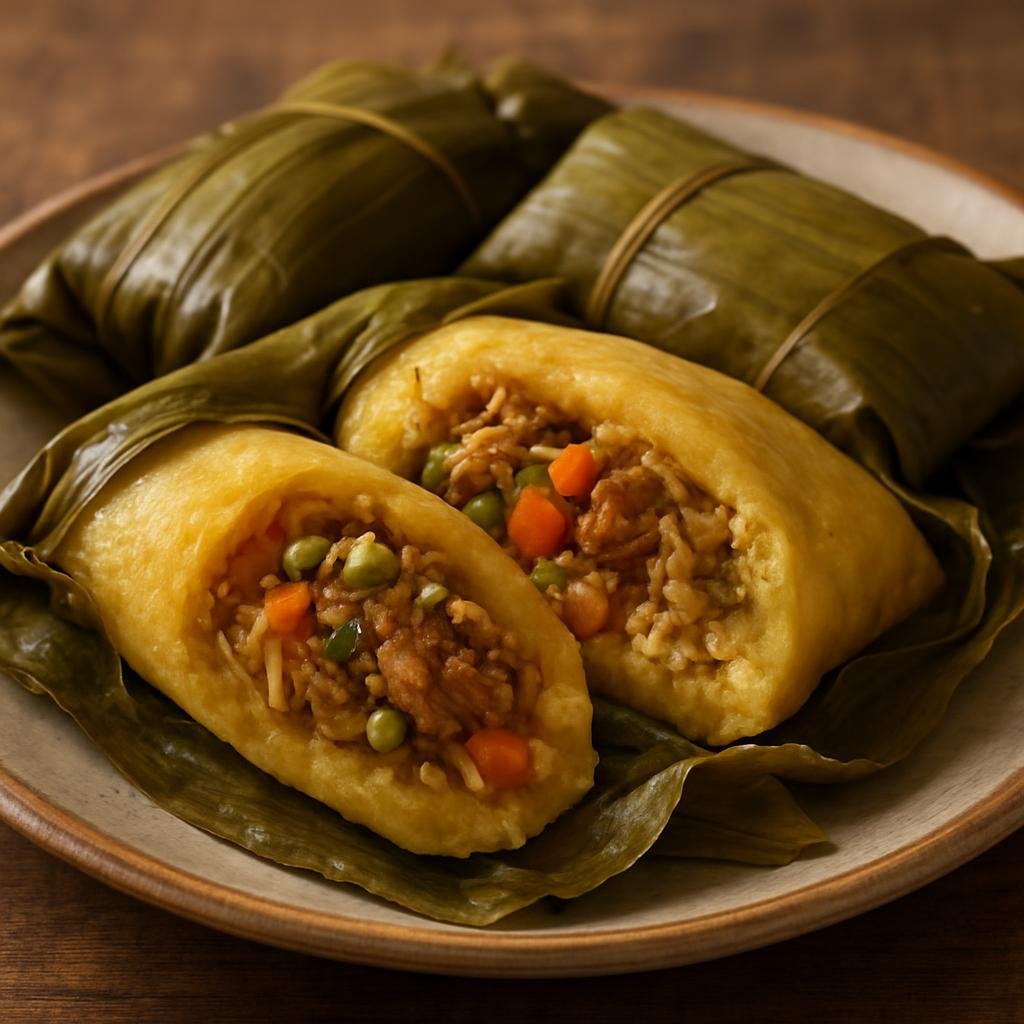 Entree: Colombia – Antioquia – Tamales Antioqueños (Steamed corn masa parcels filled with seasoned pork, chicken, vegetables, and rice typical of Antioquia) recipe