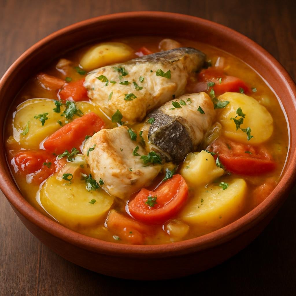 Entree: Portugal – Algarve – Caldeirada de Peixe (Portuguese mixed fish stew from the Algarve made with layered fish, potatoes, vegetables, and a light broth) recipe