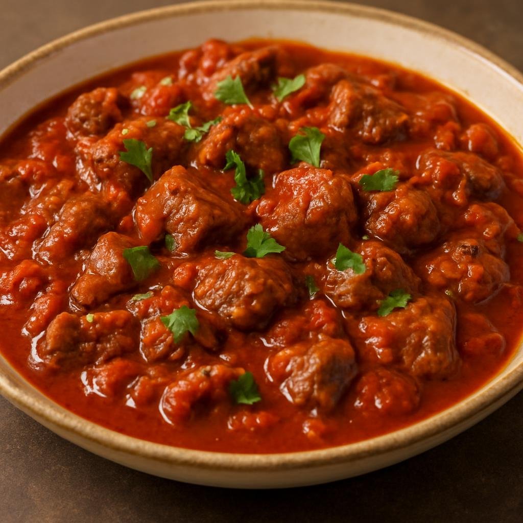 Entree: South Africa – Cape Malay – Tomato Bredie (Slow-simmered South African lamb and tomato stew seasoned with Cape Malay spices) recipe