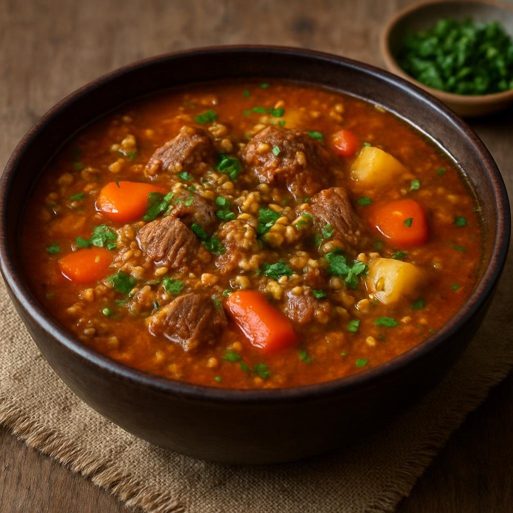Entree: Algeria – Central Culinary Region – شربة فريك ➤ Shorba Frik (Hearty Algerian freekeh and meat soup-stew with vegetables and warm North African spices) recipe