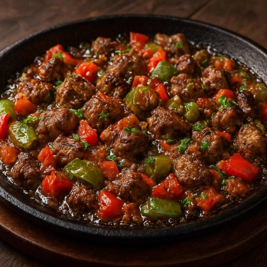 Entree: Azerbaijan – Baku & Absheron – Sadj (Sizzling griddle-cooked lamb or beef with vegetables, prepared on a convex metal pan and served hot) recipe