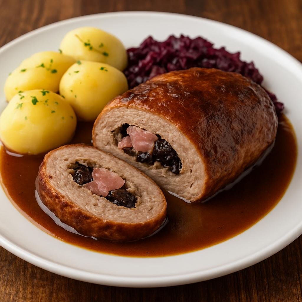 Entree: Denmark – Central Culinary Region – Forloren hare (A traditional Danish meatloaf made to resemble roast hare, typically stuffed with ham or prunes and served with a rich brown gravy) recipe