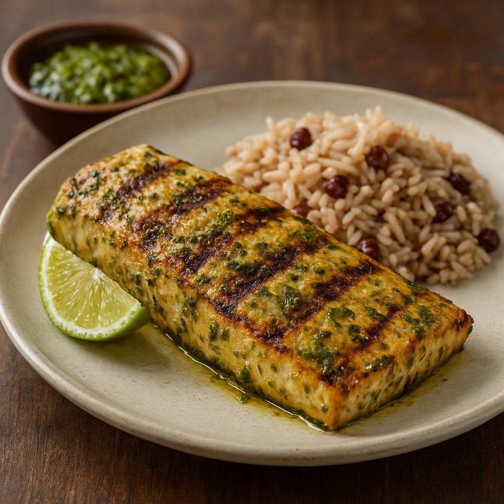 Entree: Barbados – National Cuisine – Grilled Dolphin (Mahi-Mahi) (Caribbean-style grilled mahi-mahi marinated in Bajan green seasoning and citrus) recipe