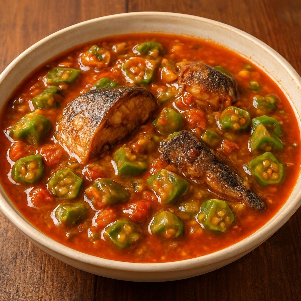 Entree: Burkina Faso – National Cuisine – Sauce Gombo (West African okra stew made with palm oil, tomatoes, and smoked fish or meat) recipe